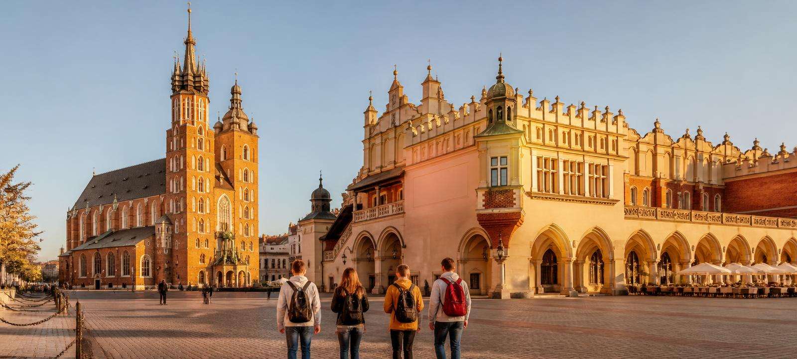 Krakow Ana Meydanı'nda yürüyen üniversite öğrencileri